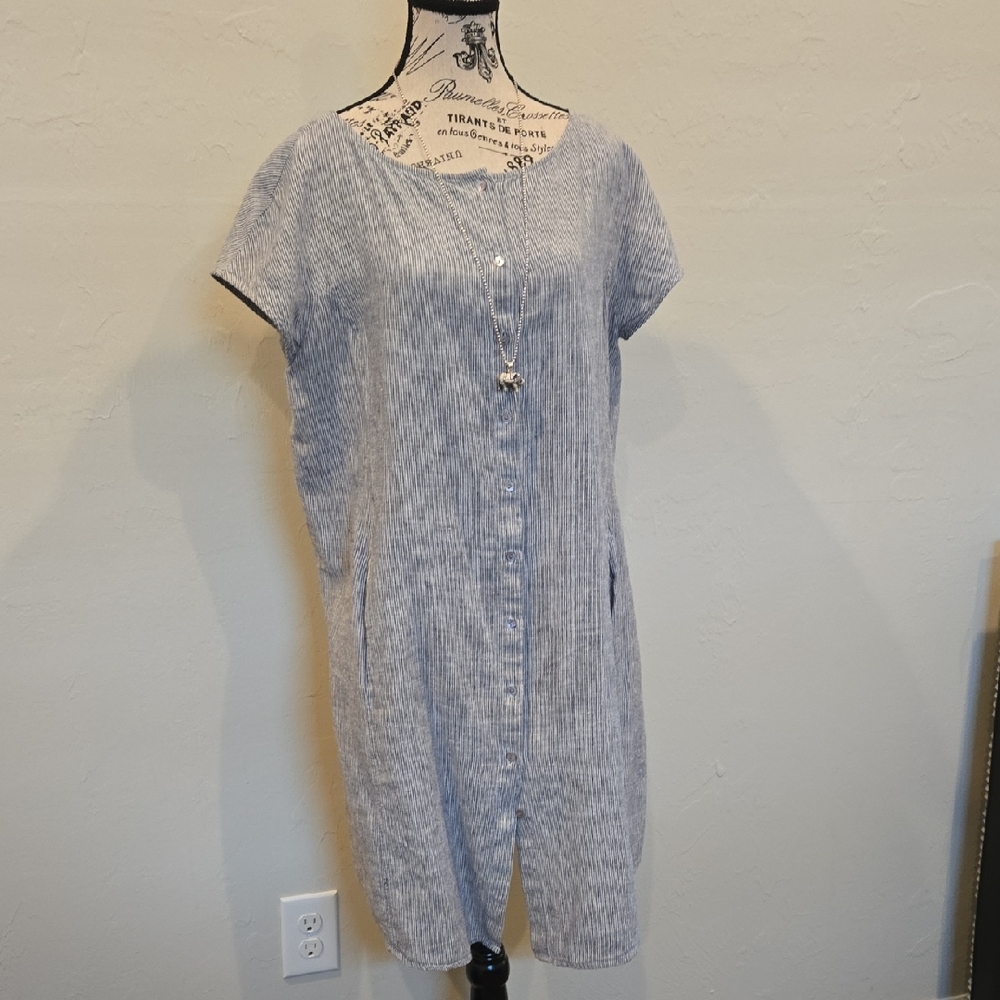 Eileen Fisher Blue  Gray White Striped Button Down Dress With Hidden Pockets